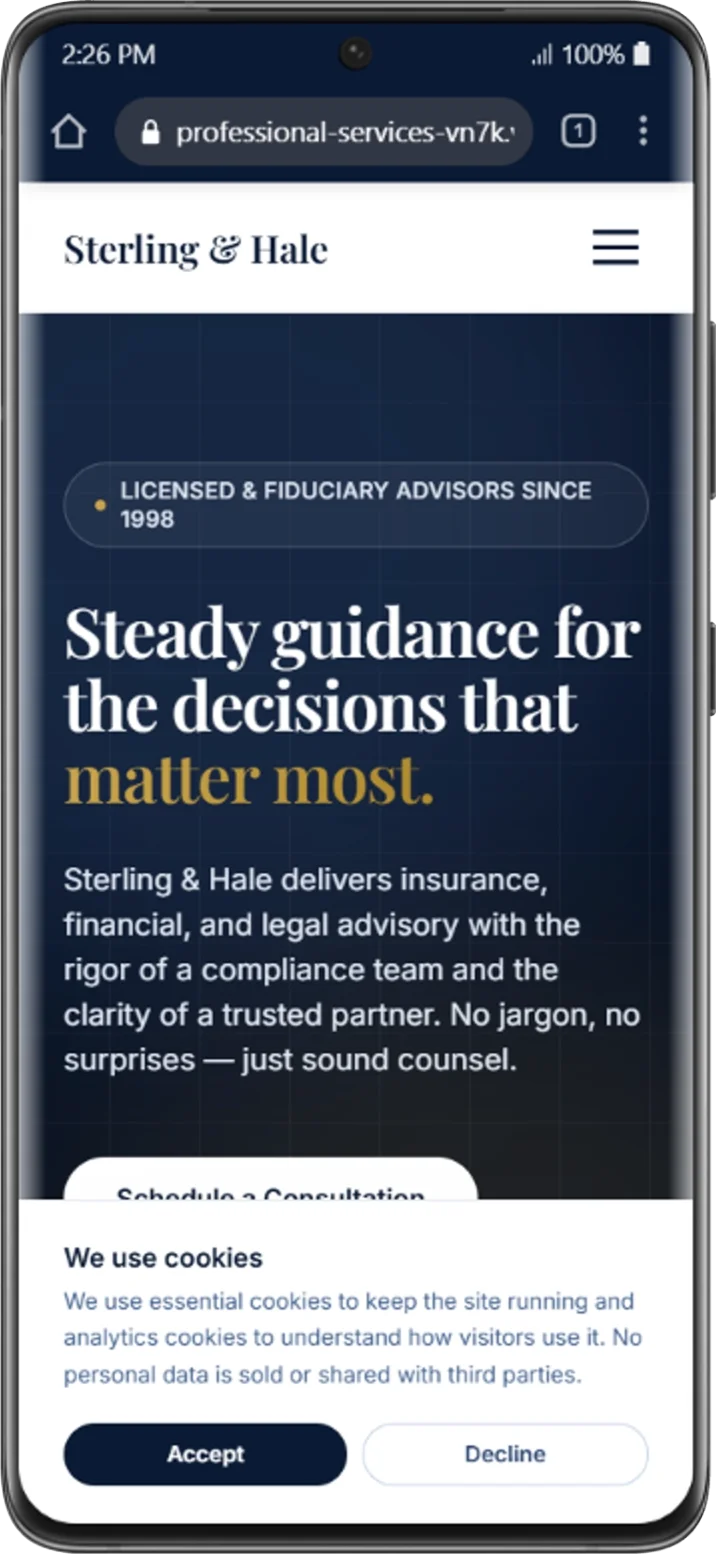 Sterling & Hale Advisory on mobile