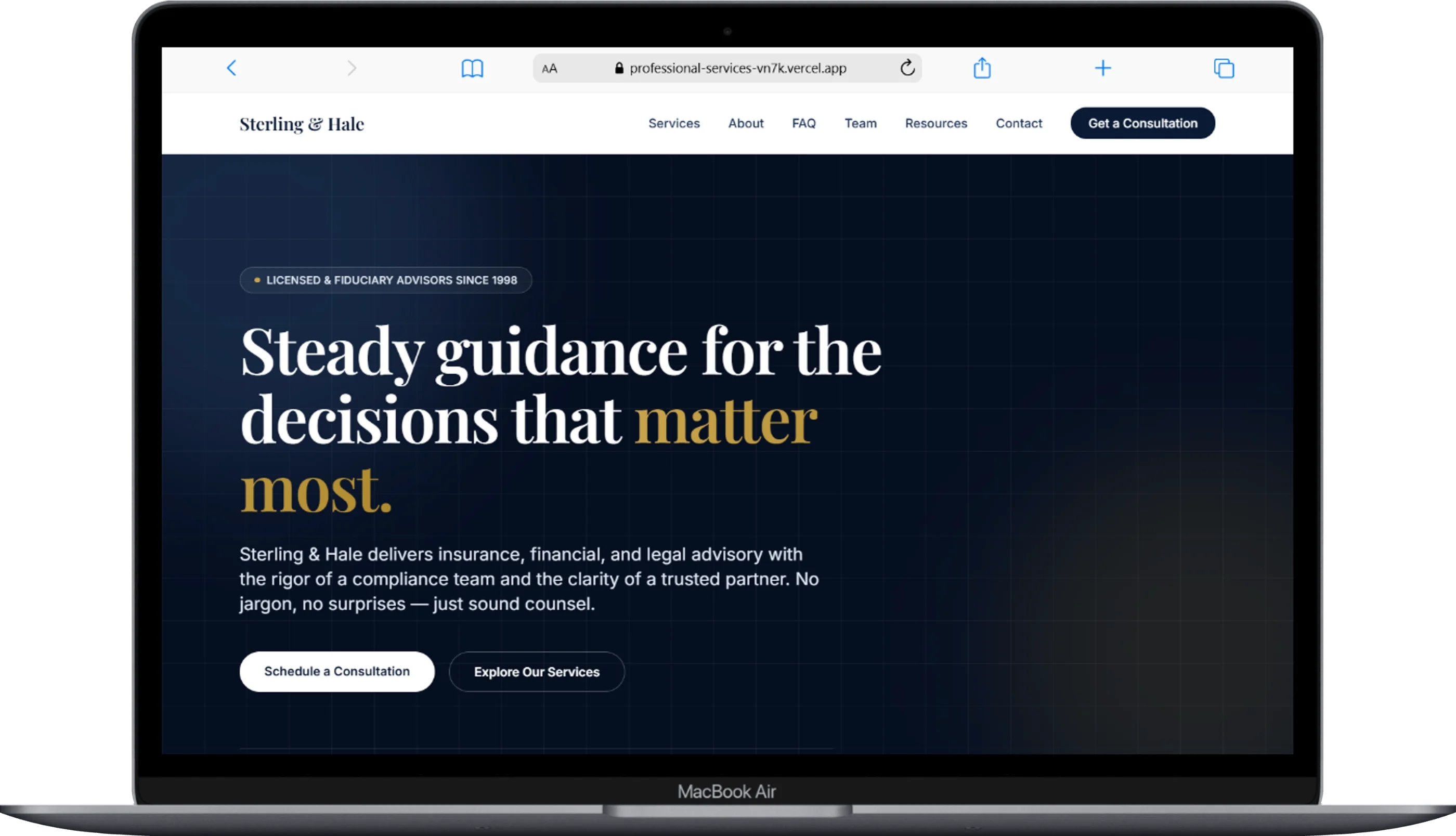 Sterling & Hale Advisory on desktop